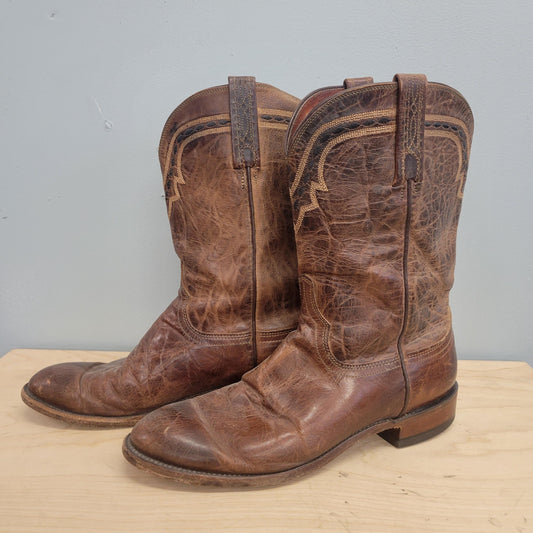 vtg 70s LUCCHESE 2000 COWBOY BOOTS // vintage brown size 8.5 tooled detail pointy toe design western rugged walking dead style hippie biker