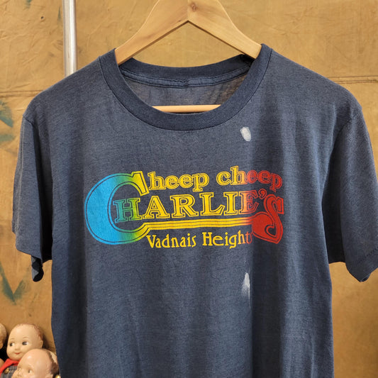 vtg 70s CHEAP CHARLIES TSHIRT // vintage vadnais heights minnesota minneapolis restaurant dine pizza pub food iconic neighborhood beer tee