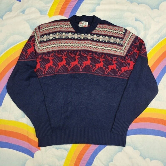 vtg 70s CAMPUS REINDEER SWEATER // vintage holiday festive party 60s novelty jumper all over print xmas santa winter themed cozy cottage