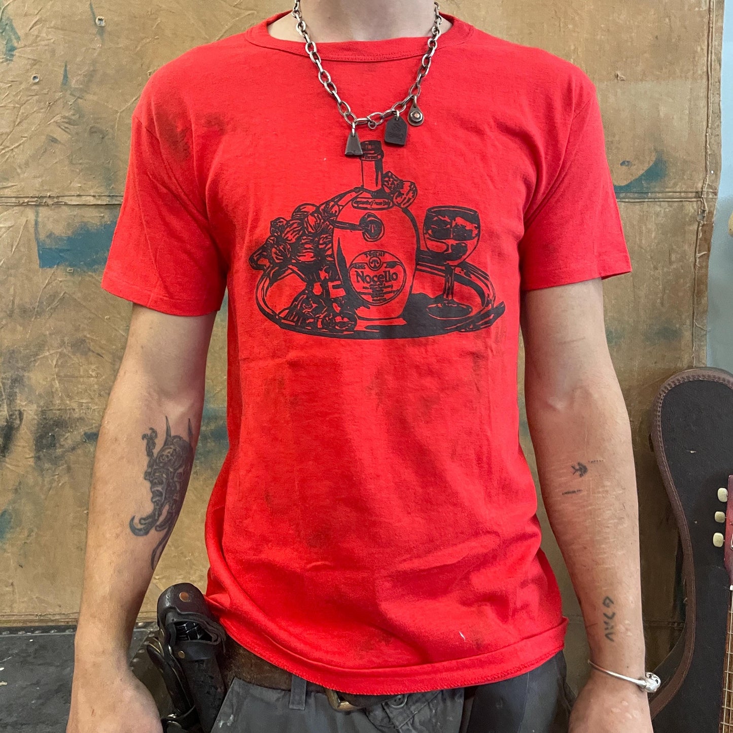 vtg 70s red NOCELLO TEE // vintage distressed liquor tshirt wine beer pub bar shots drinks femme cut style retro wear worn put dirty punk