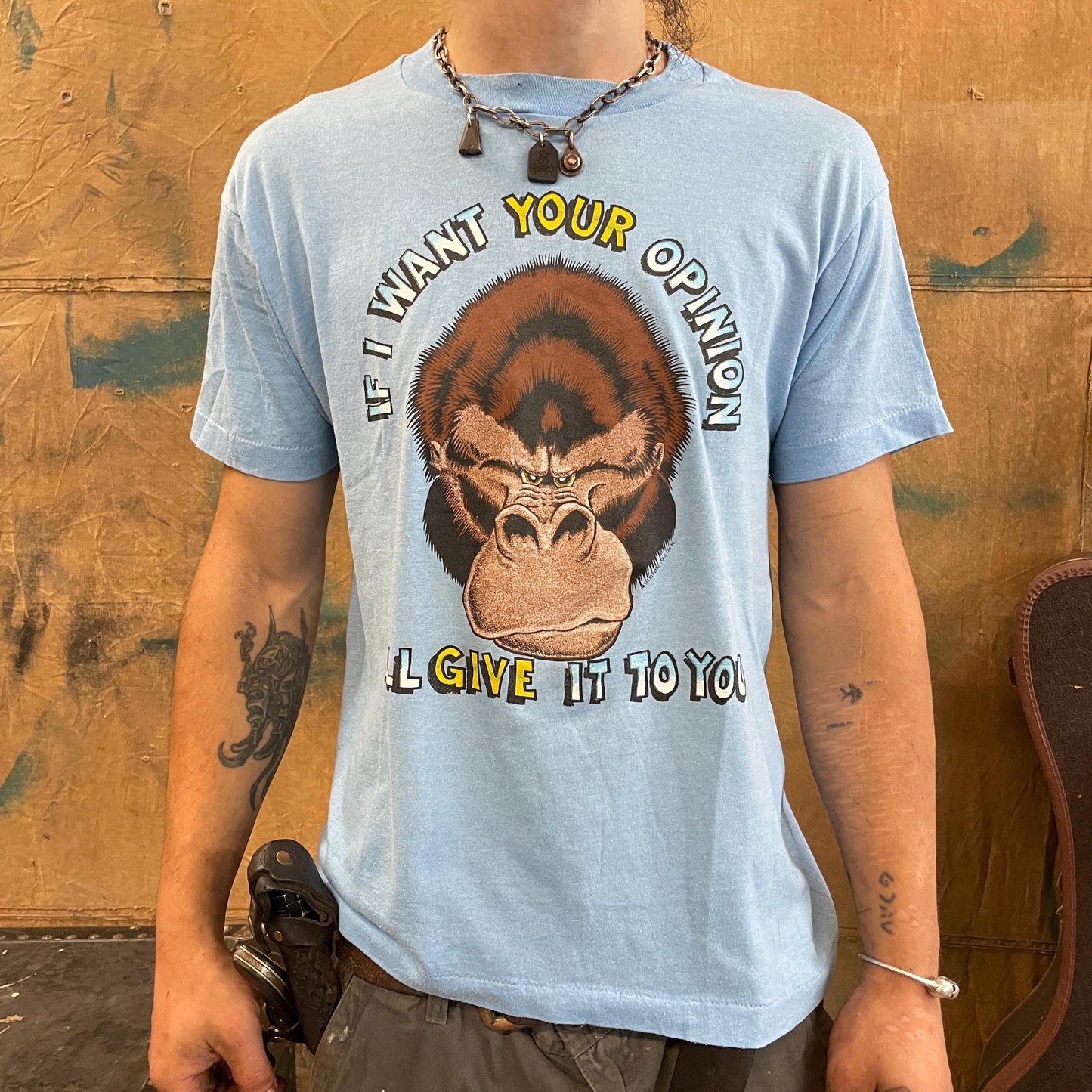 vtg 80s FUNNY GORILLA TSHIRT // vintage thin blue cartoon graphic animated monkey opinion 70s style big face animal print retro tee