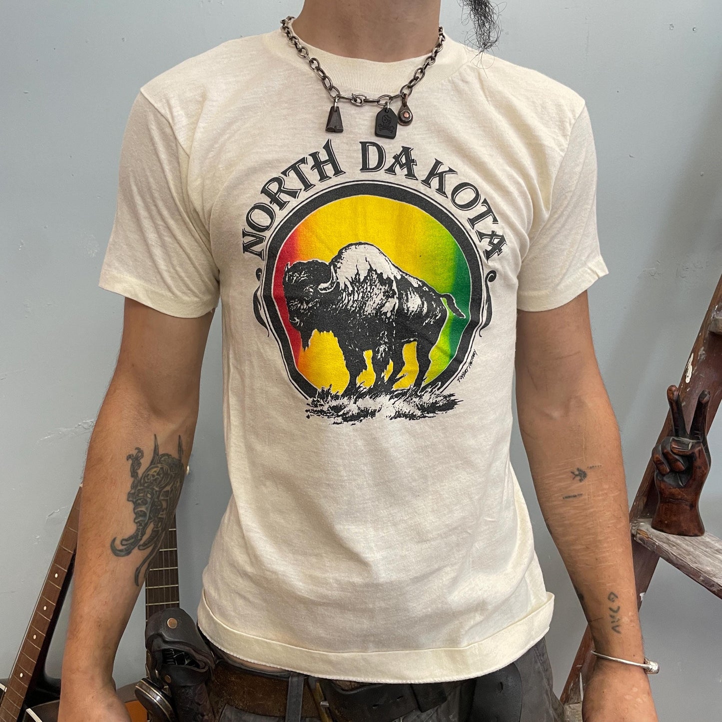 vtg 80s NORTH DAKOTA TSHIRT // vintage south screen stars thin bison buffalo heritage tourist destination camp retro style rainbow tee