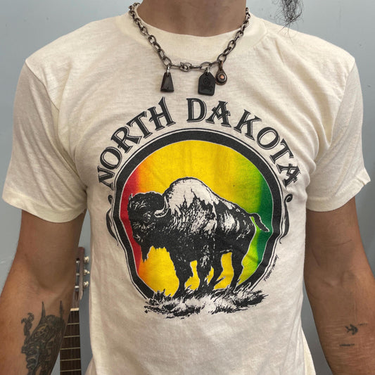 vtg 80s NORTH DAKOTA TSHIRT // vintage south screen stars thin bison buffalo heritage tourist destination camp retro style rainbow tee