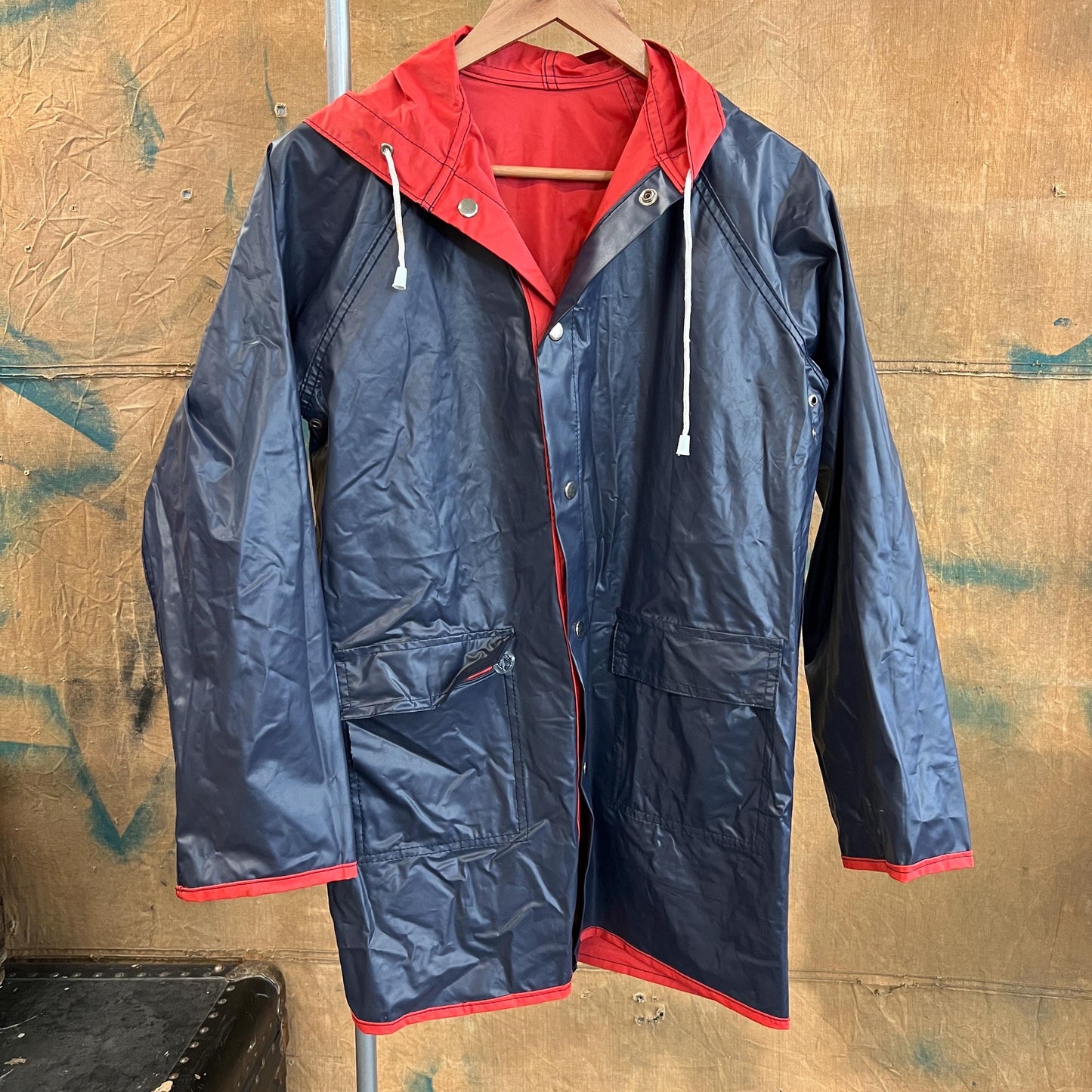 vtg 80s LACOSTE RAIN JACKET // vintage reversible vinyl hooded autumn stranger things grunge pvc wet shiny red blue lightweight fall parka