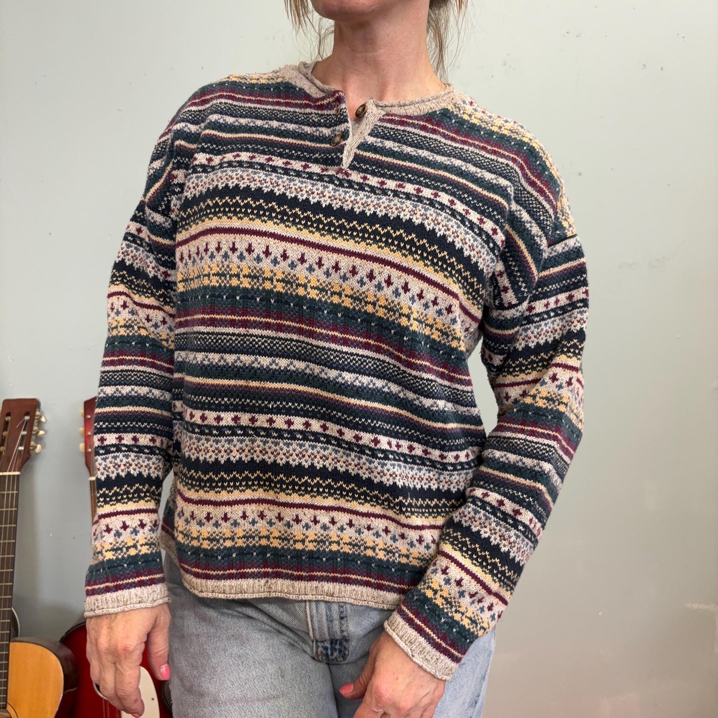 vtg 90s STRIPED PATTERNED SWEATER // vintage cozy soft cotton northern reflections preppy grunge slouchy fitted sweater boyfriend top autumn