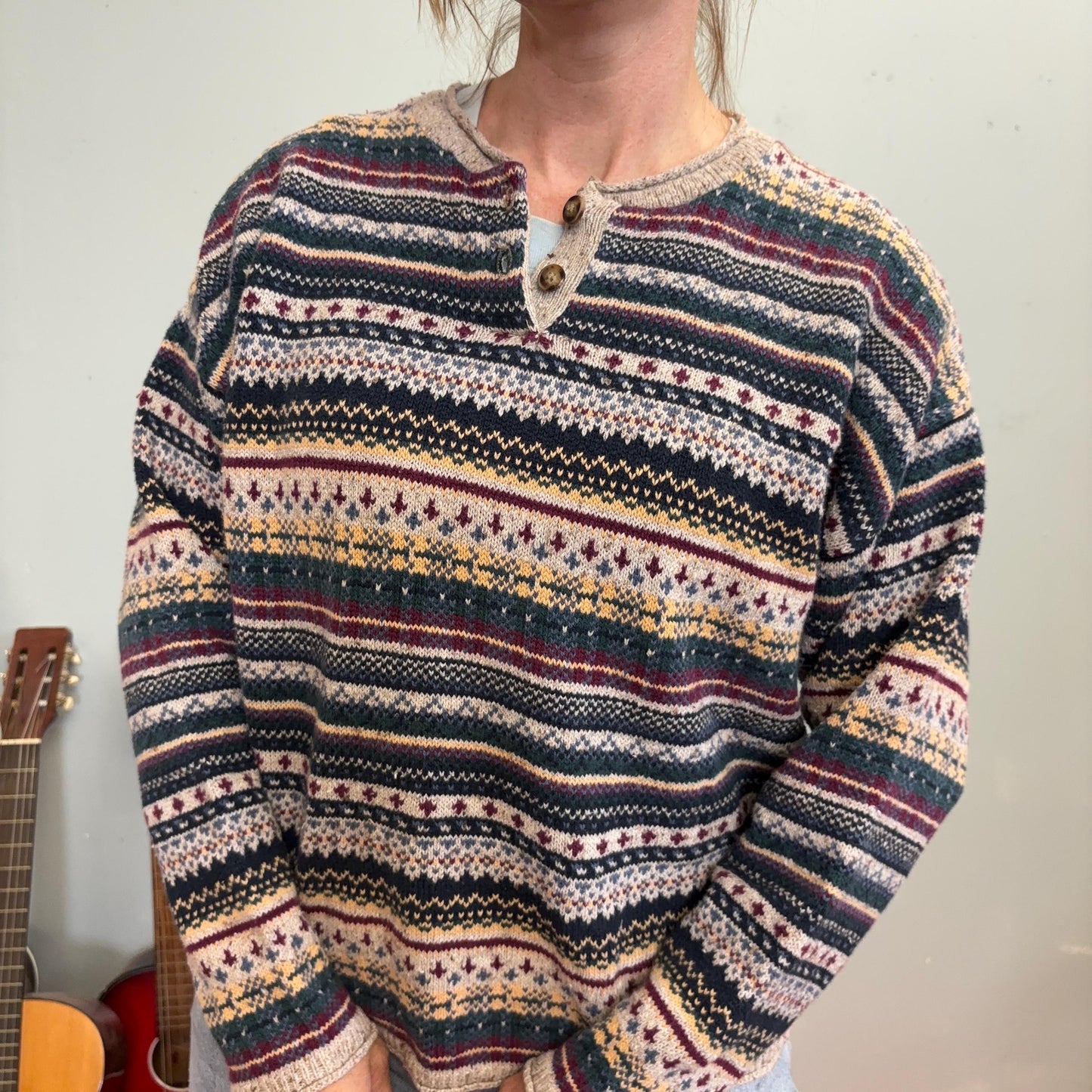 vtg 90s STRIPED PATTERNED SWEATER // vintage cozy soft cotton northern reflections preppy grunge slouchy fitted sweater boyfriend top autumn