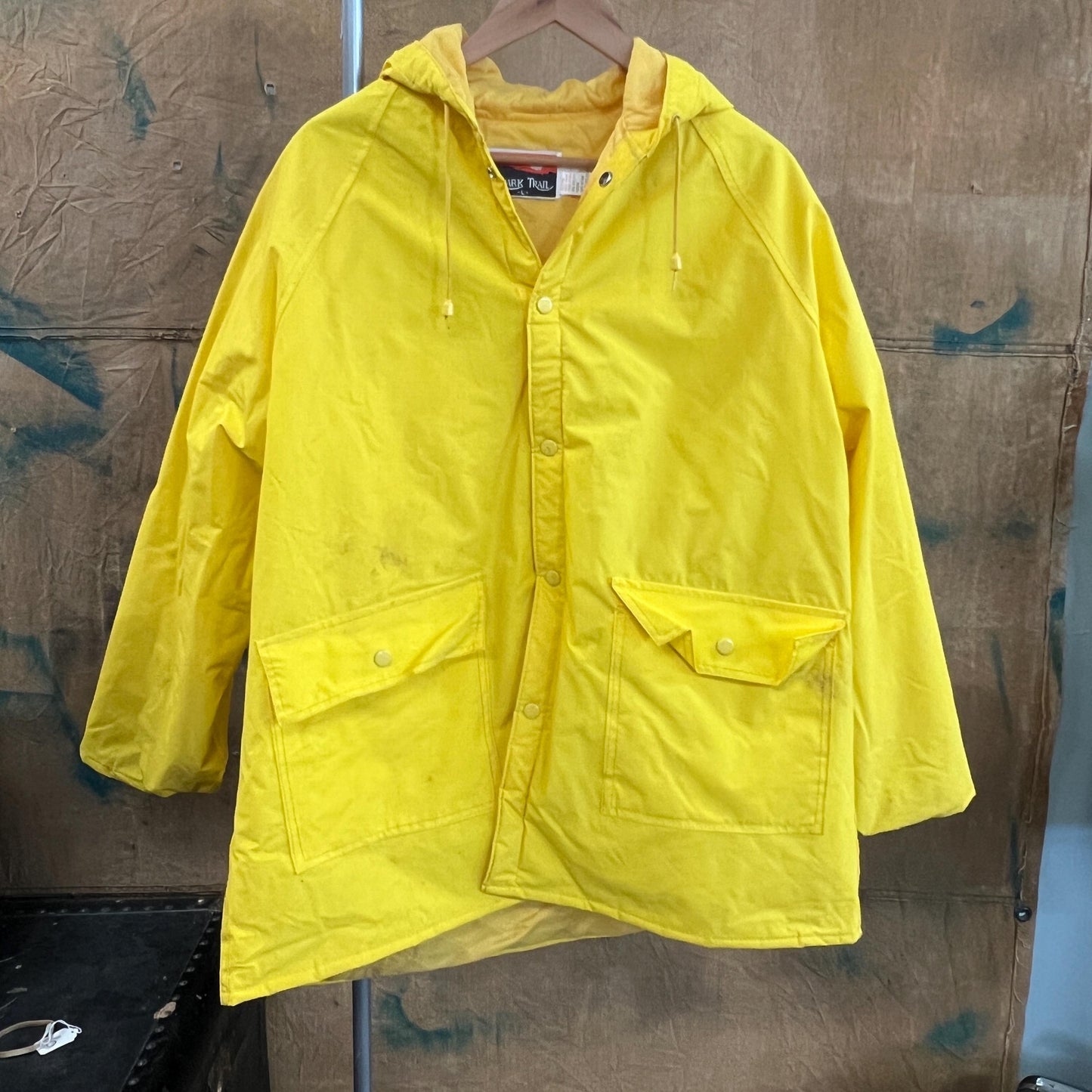 vtg 80s VINYL RAIN JACKET // vintage yellow lightly quilted hooded windbreaker autumn stranger things 90s grunge pvc wet shiny waterproof