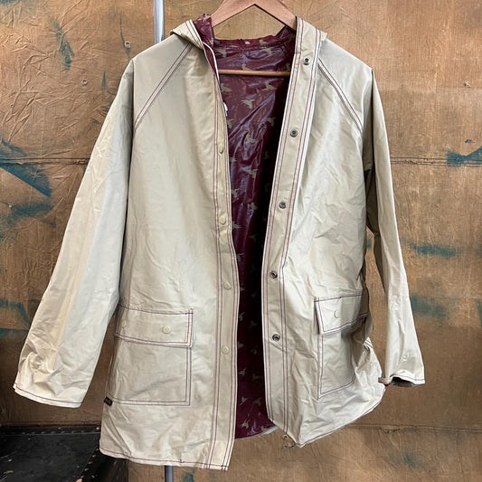 vtg 80s CUTE SEAL PATTERNED Jacket // vintage reversible hooded autumn stranger things pvc wet shiny waterproof windbreaker fall earth tones