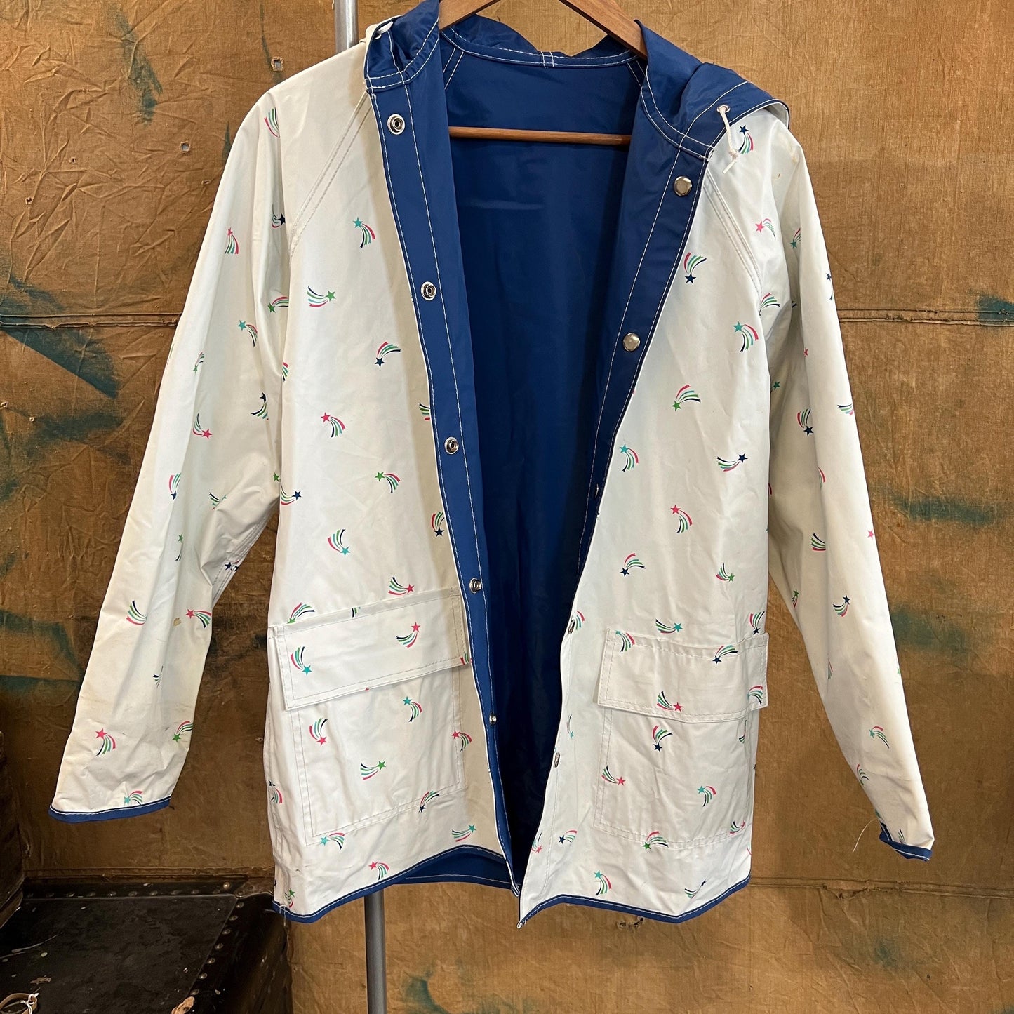 vtg 80s RAINBOW PATTERNED JACKET // vintage reversible hooded autumn stranger things cute grunge pvc wet look shiny lightweight care bear