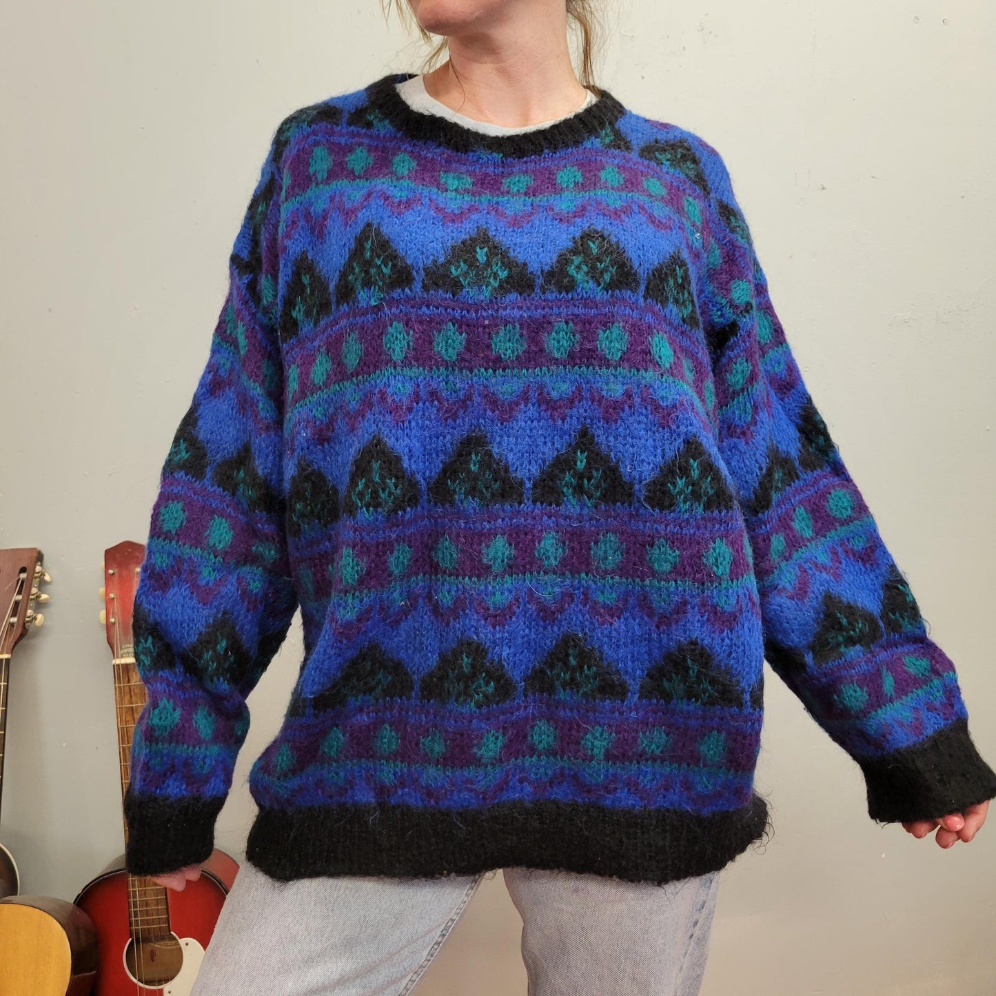 vtg 80s BRIGHT MOHAIR SWEATER // vintage all over print wild neon patterned contrast geometric print cozy casual streetwear school teacher