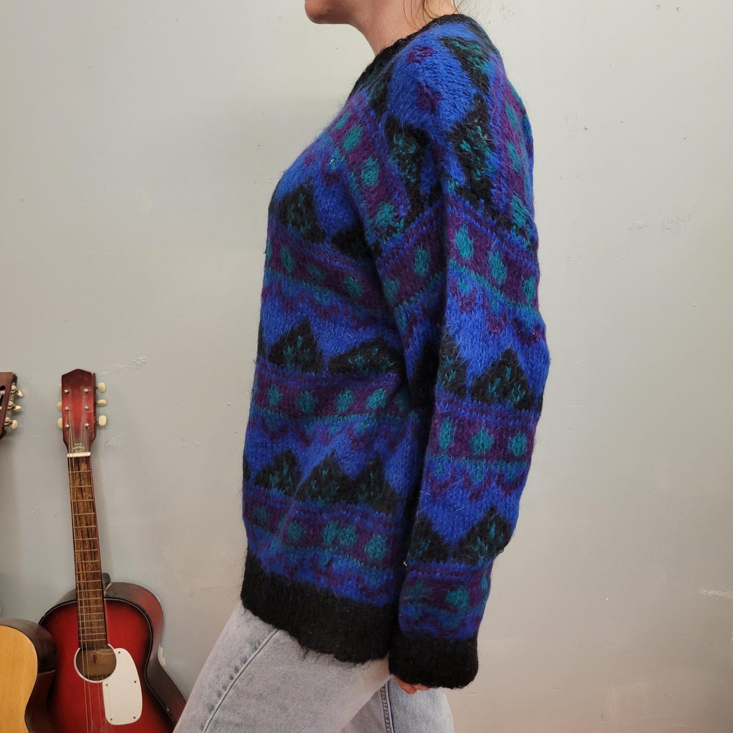 vtg 80s BRIGHT MOHAIR SWEATER // vintage all over print wild neon patterned contrast geometric print cozy casual streetwear school teacher