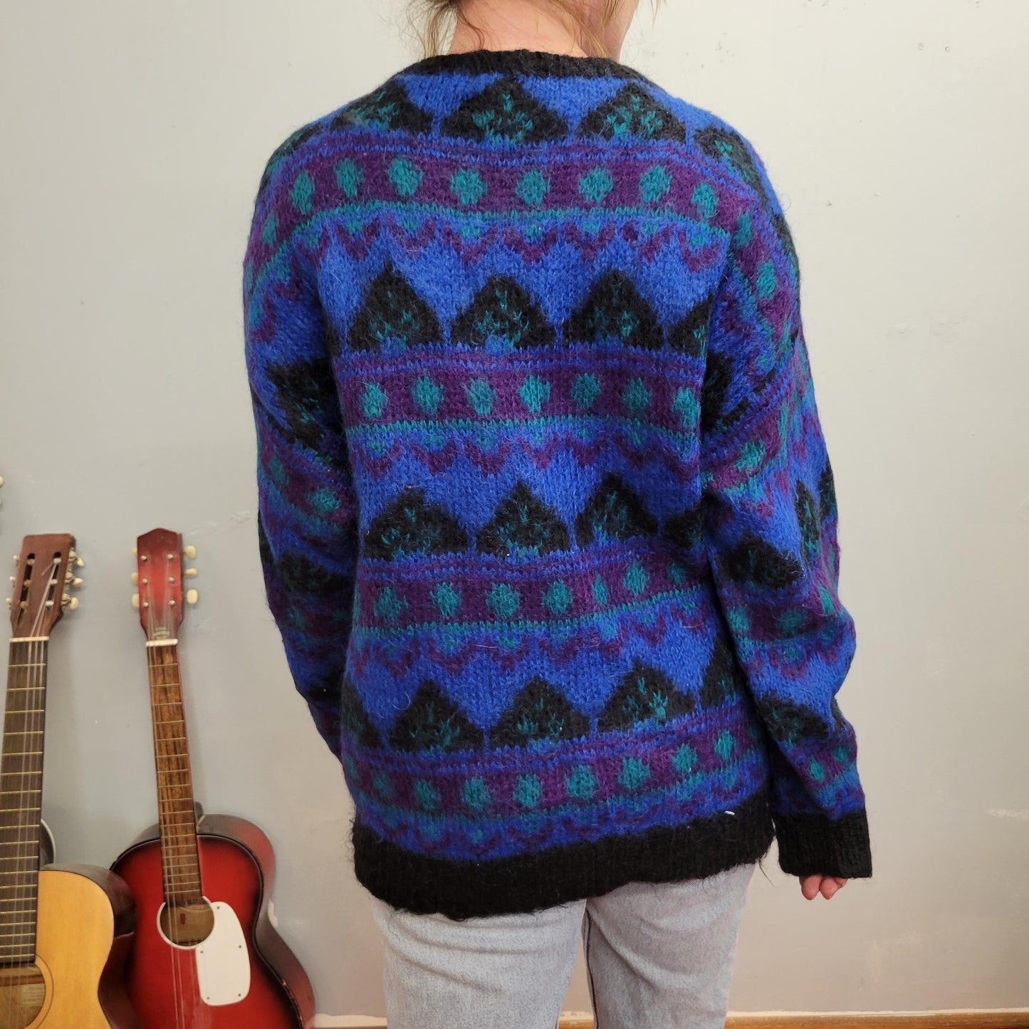 vtg 80s BRIGHT MOHAIR SWEATER // vintage all over print wild neon patterned contrast geometric print cozy casual streetwear school teacher