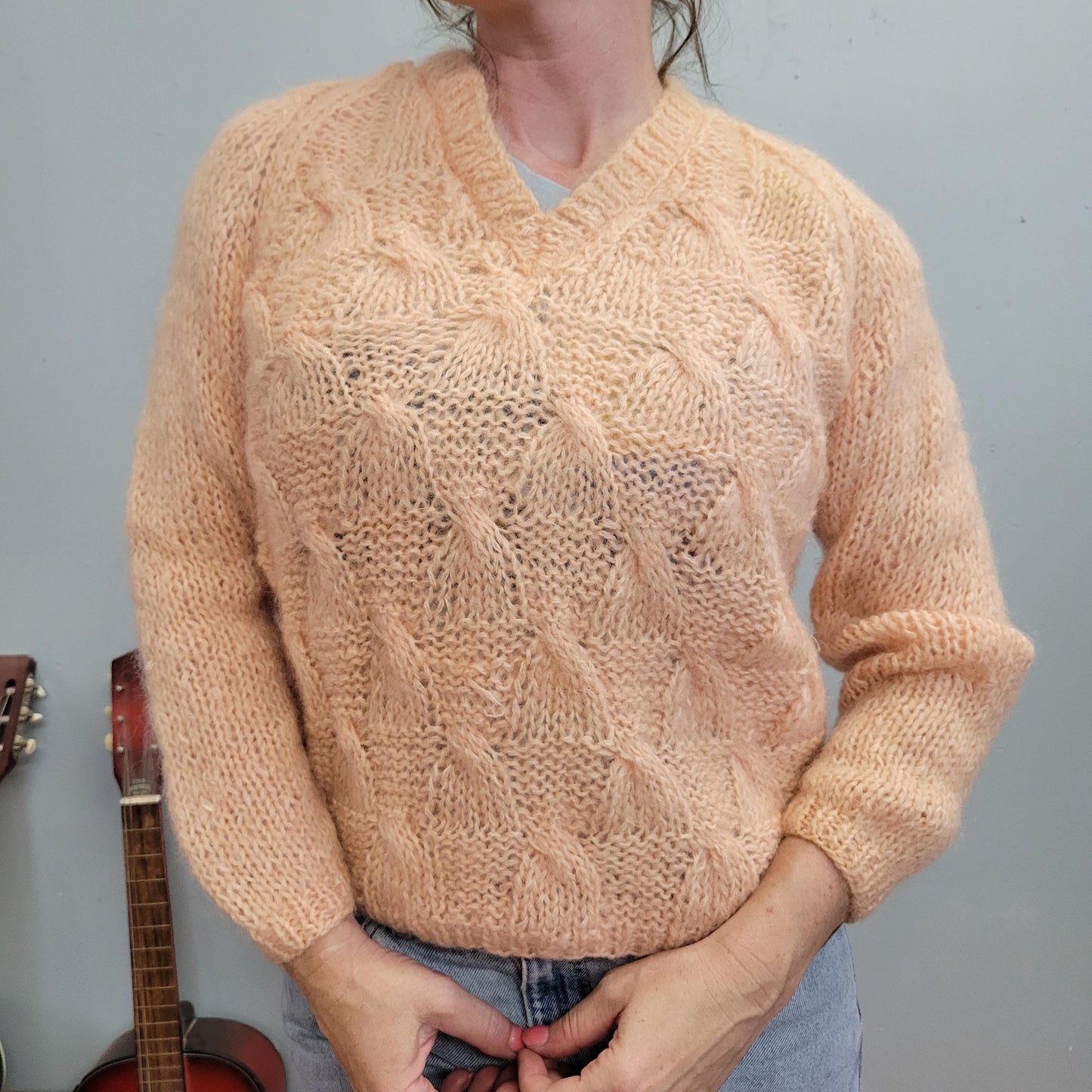 vtg 60s PINK MOHAIR SWEATER // V neck fuzzy pastel cable knit  pastel peach cozy warm wool autumn vibes barbie core coquette cute thick top