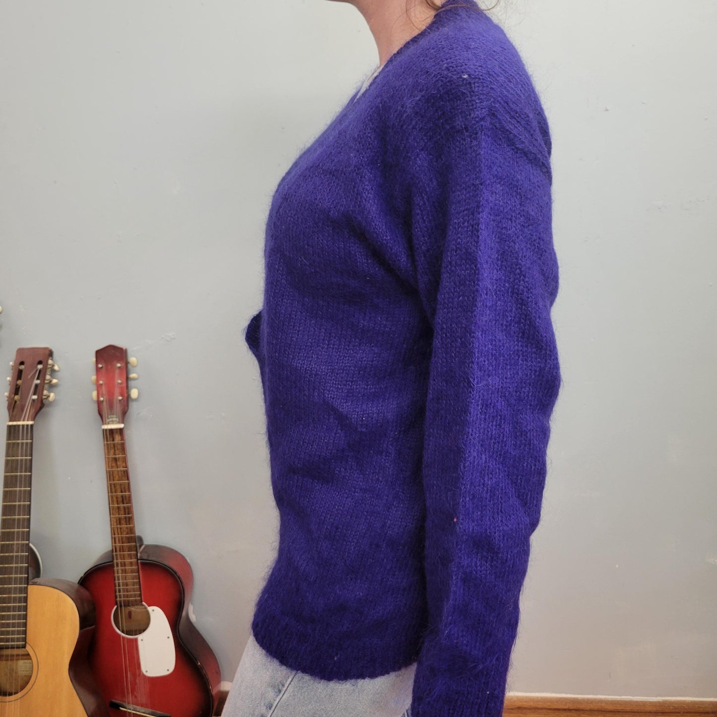 vtg 80s PURPLE MOHAIR CARDIGAN  // vintage chunky 90s oversized sweater deep V neck fuzzy autumn vibes slouchy comfy cozy casual retro style