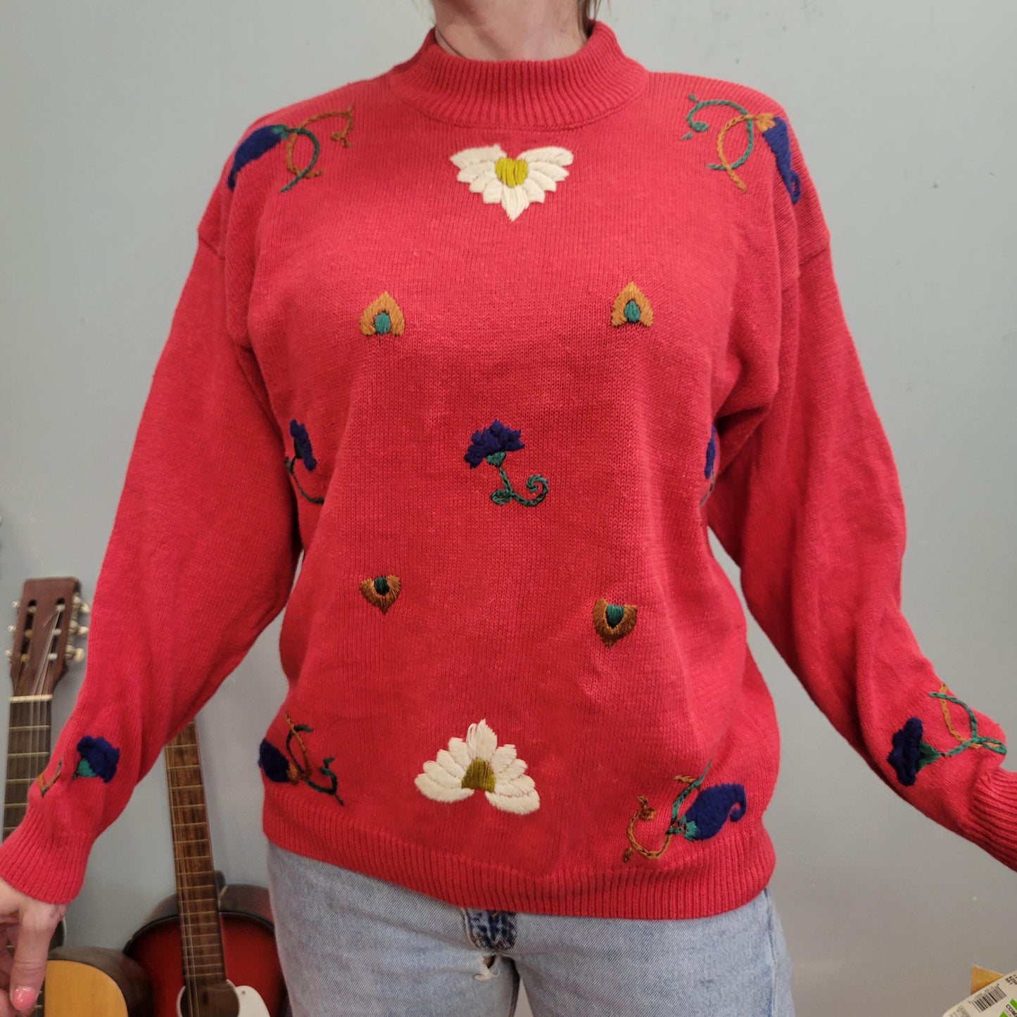 vtg 90s CHUNKY RED SWEATER // nos embroidered floral lightweight hearts and flowers teacher cottage american weekend vintage retro