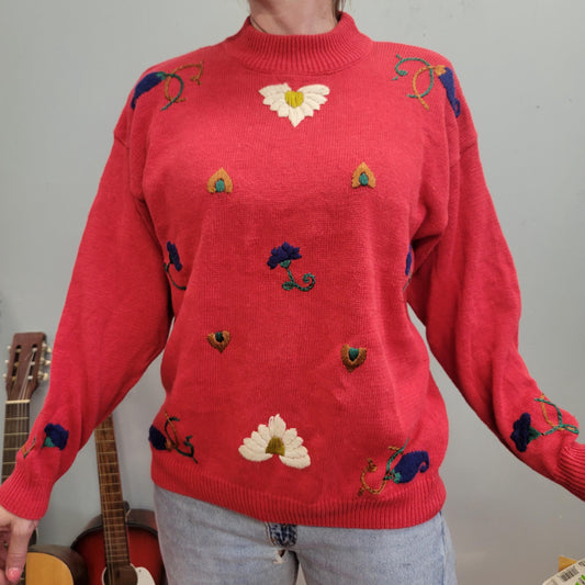 vtg 90s CHUNKY RED SWEATER // nos embroidered floral lightweight hearts and flowers teacher cottage american weekend vintage retro