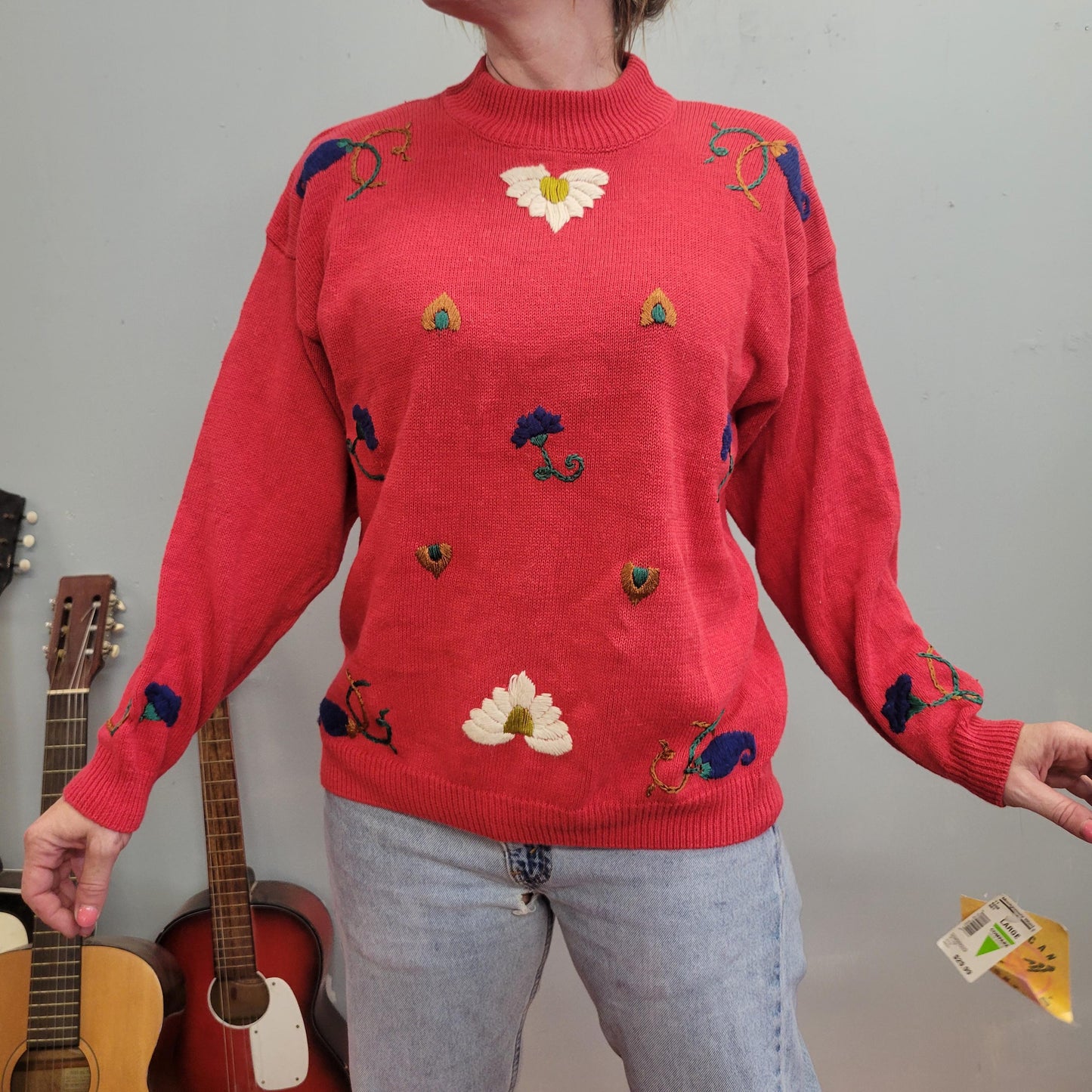 vtg 90s CHUNKY RED SWEATER // nos embroidered floral lightweight hearts and flowers teacher cottage american weekend vintage retro