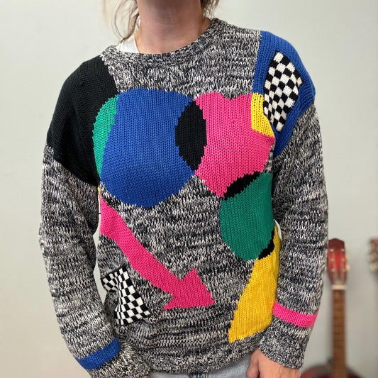 vtg 80s COLORFUL PATTERNED SWEATER // vintage checkered knit funky jamie scott gray heathered slouchy soft baggy geometric circles arrows