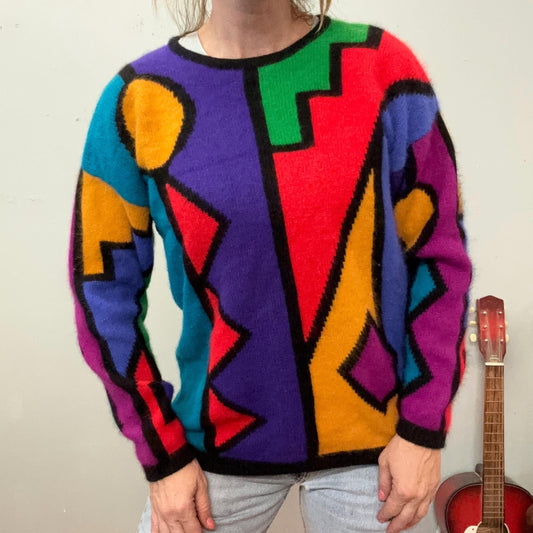 vtg 80s GEOMETRIC ANGORA SWEATER // vintage colorblock multicolor wild knit furry circles & squares pop art wool stained glass patterned top