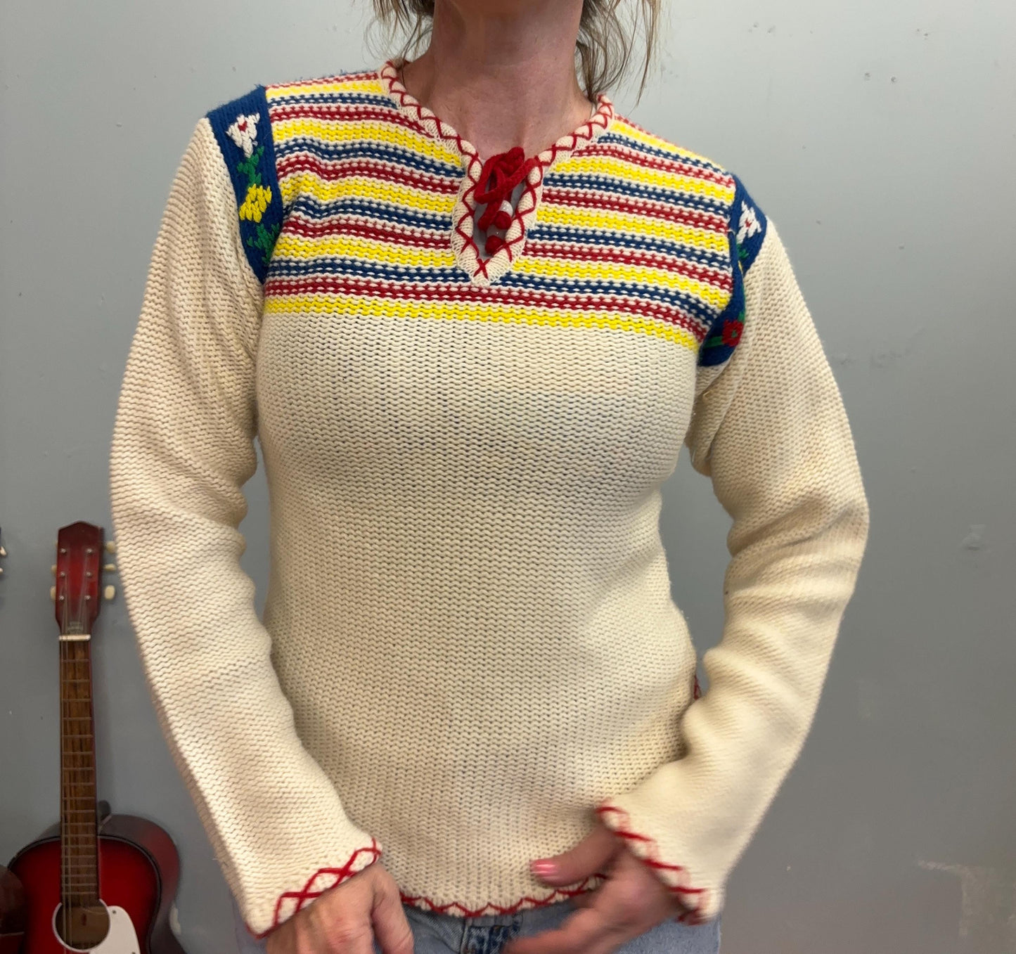 vtg 70s STRIPED SWEATER // vintage cute embroidered floral knit roller disco hippie mod retro cropped fitted kitschy flower power autumn