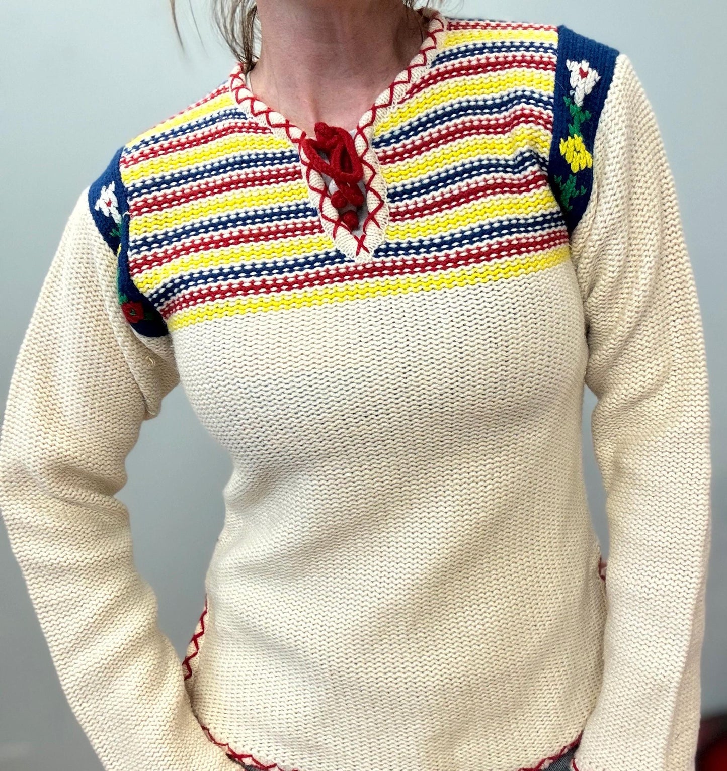 vtg 70s STRIPED SWEATER // vintage cute embroidered floral knit roller disco hippie mod retro cropped fitted kitschy flower power autumn