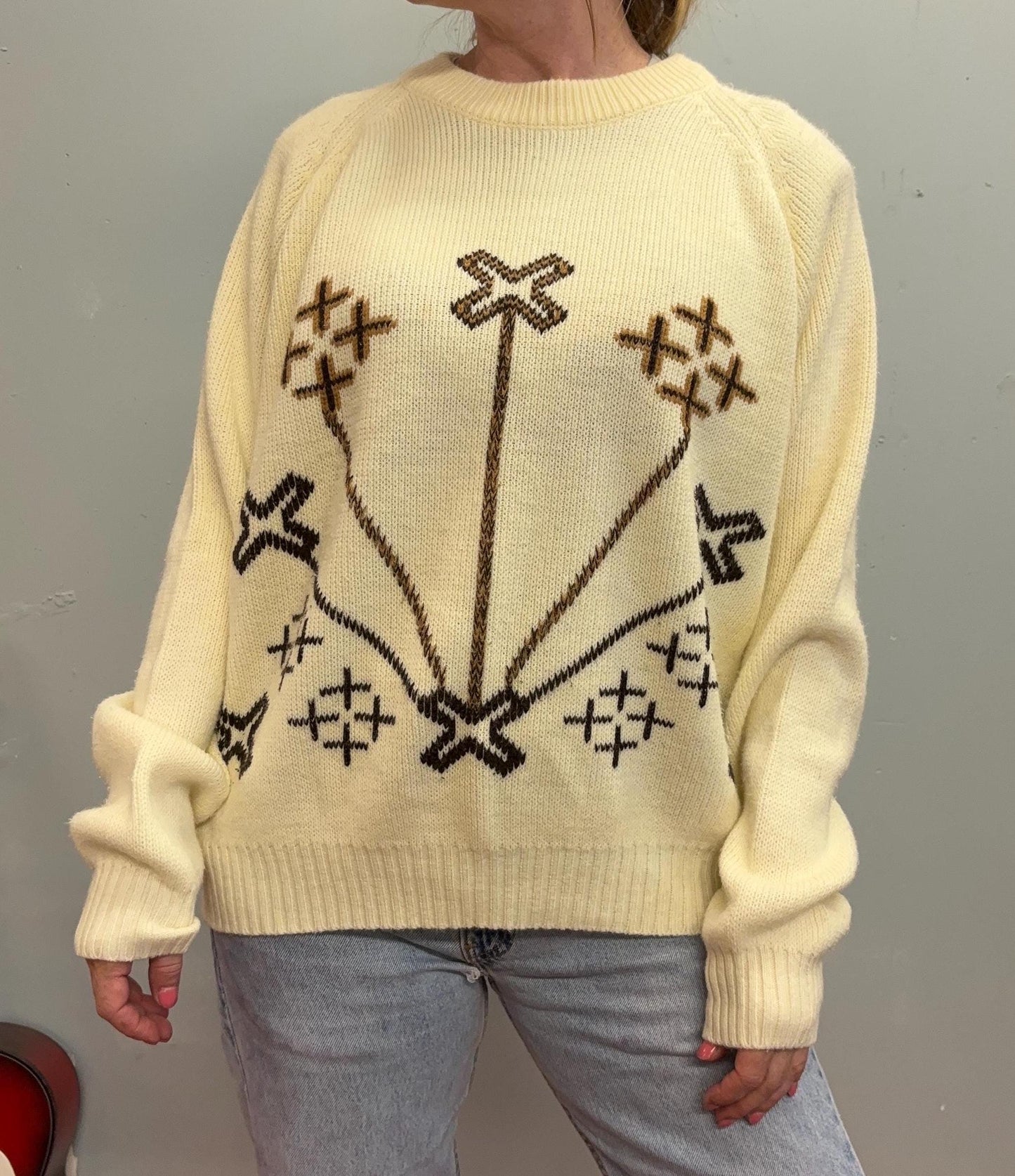 vtg 70s ABSTRACT KNIT SWEATER // vintage fruit of the loom geometric cross stitch slouchy baggy knit lightweight beige patterned jumper