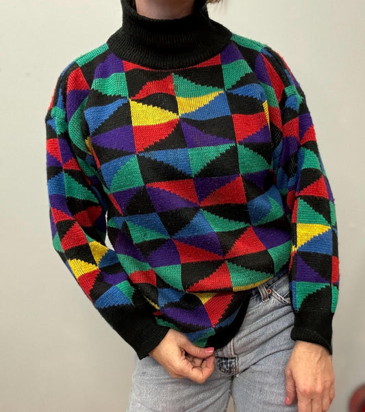 vtg 80s ABSTRACT TURTLENECK SWEATER // vintage geometric knit funky all over patterned stained glass contrast rainbow colors autumn party