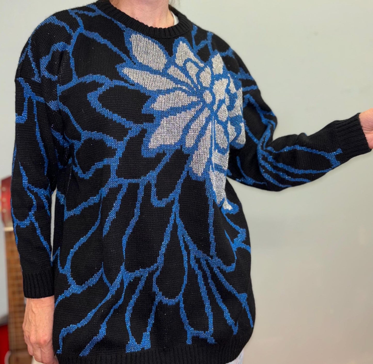 vtg 80s LUREX KNIT FLOWER Sweater // vintage abstract funky psychedelic slouchy floral patterned silver & blue baggy sparkly all over print