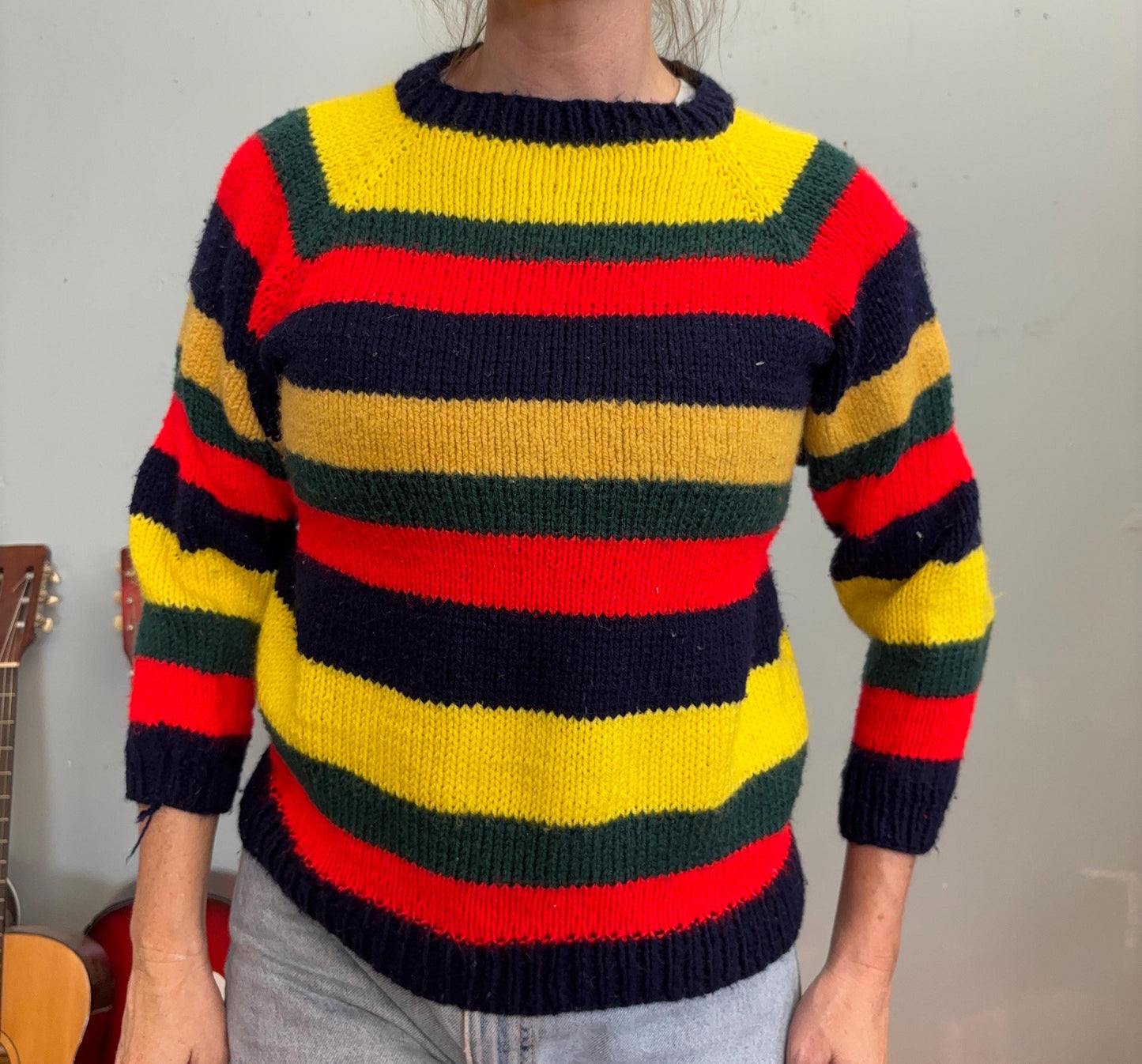 vtg 70s PRIMARY STRIPED SWEATER // vintage retro homemade chunky stripes bold contrasting acrylic cropped fitted cute school autumn style