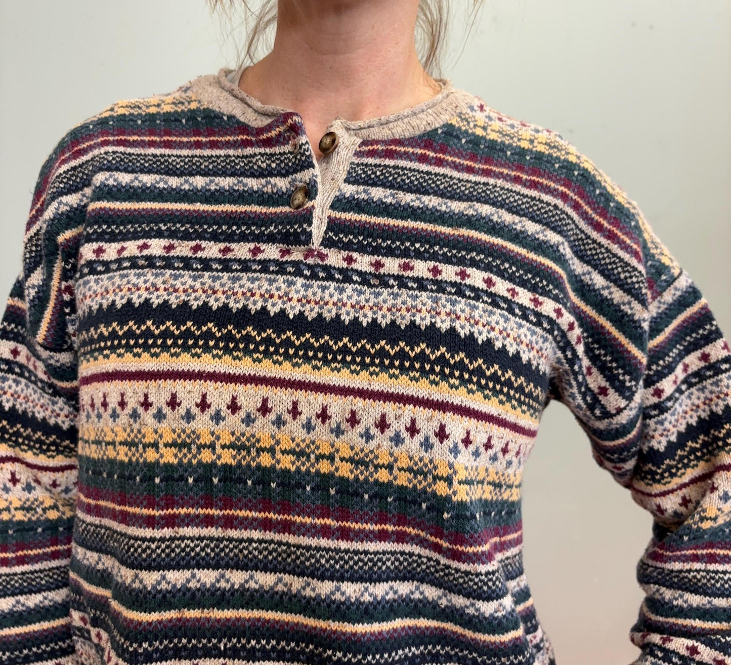 vtg 90s STRIPED PATTERNED SWEATER // vintage cozy soft cotton northern reflections preppy grunge slouchy fitted sweater boyfriend top autumn