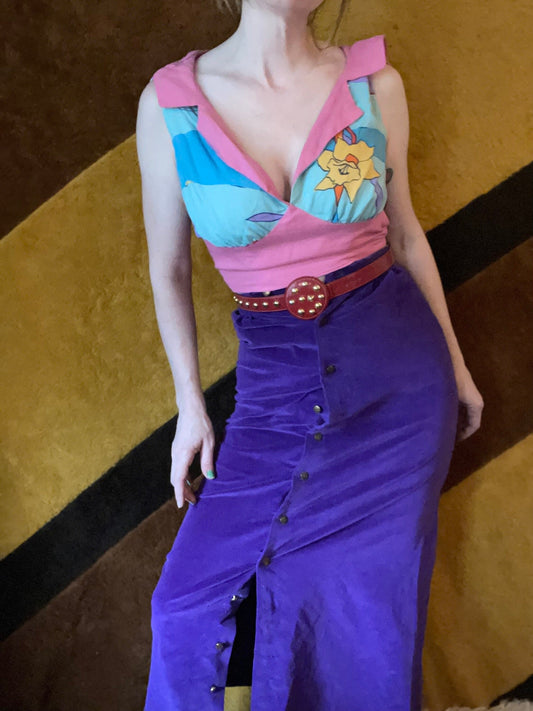 vtg 70s PATTERNED CROP TOP // vintage deep v neck psychedelic fairy hippie halter midriff retro playsuit beach pin up bombshell rockabilly