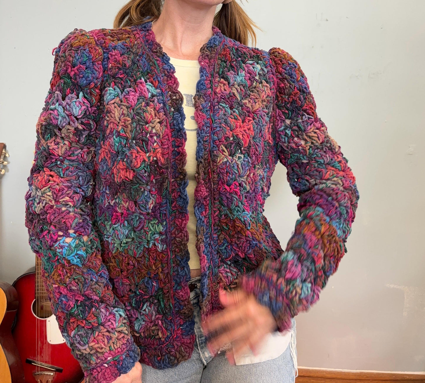 vtg 80s JEWEL TONES SWEATER // vintage estelle 1986 hand woven structured bright purple pink space dye textured cardigan cozy autumn vibes