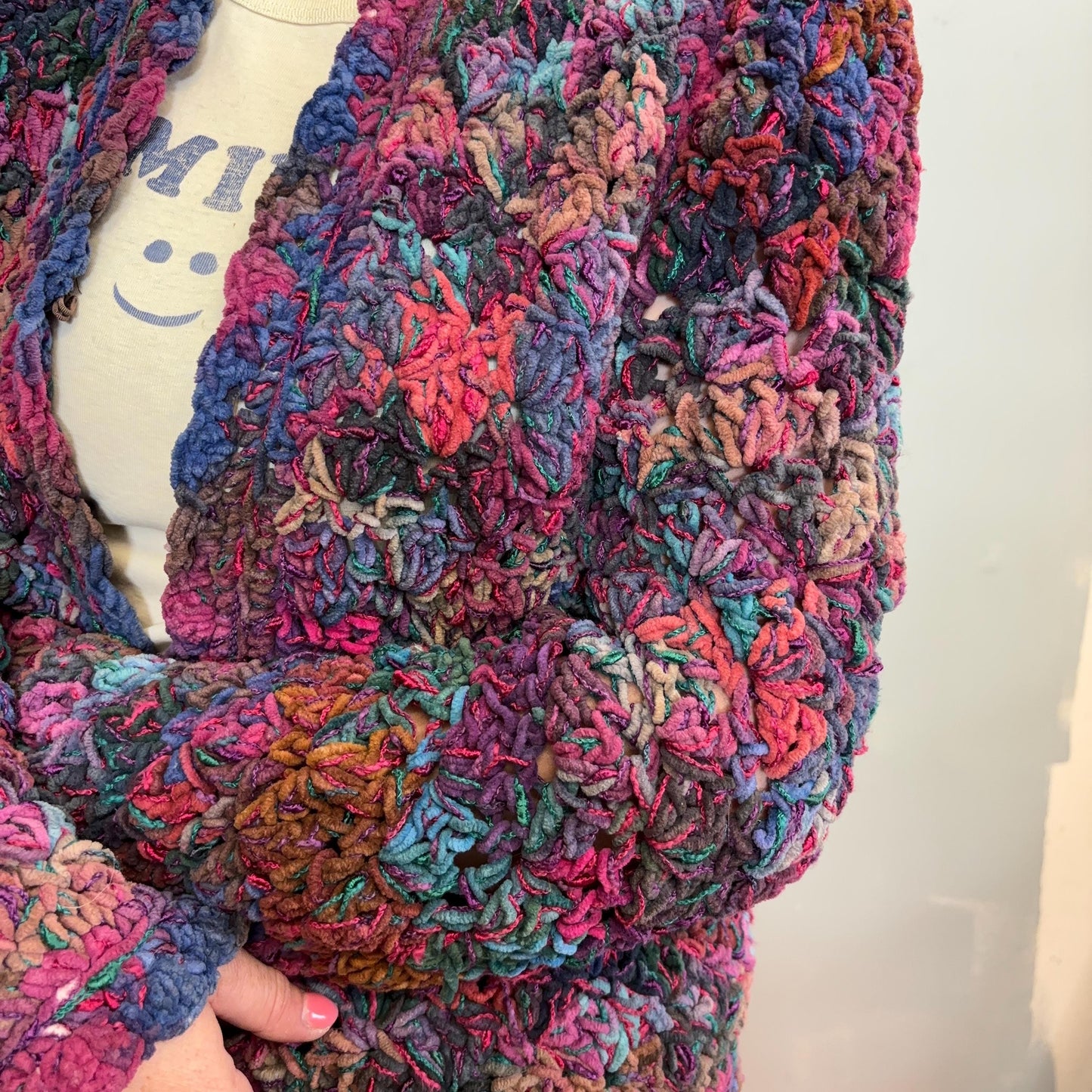 vtg 80s JEWEL TONES SWEATER // vintage estelle 1986 hand woven structured bright purple pink space dye textured cardigan cozy autumn vibes