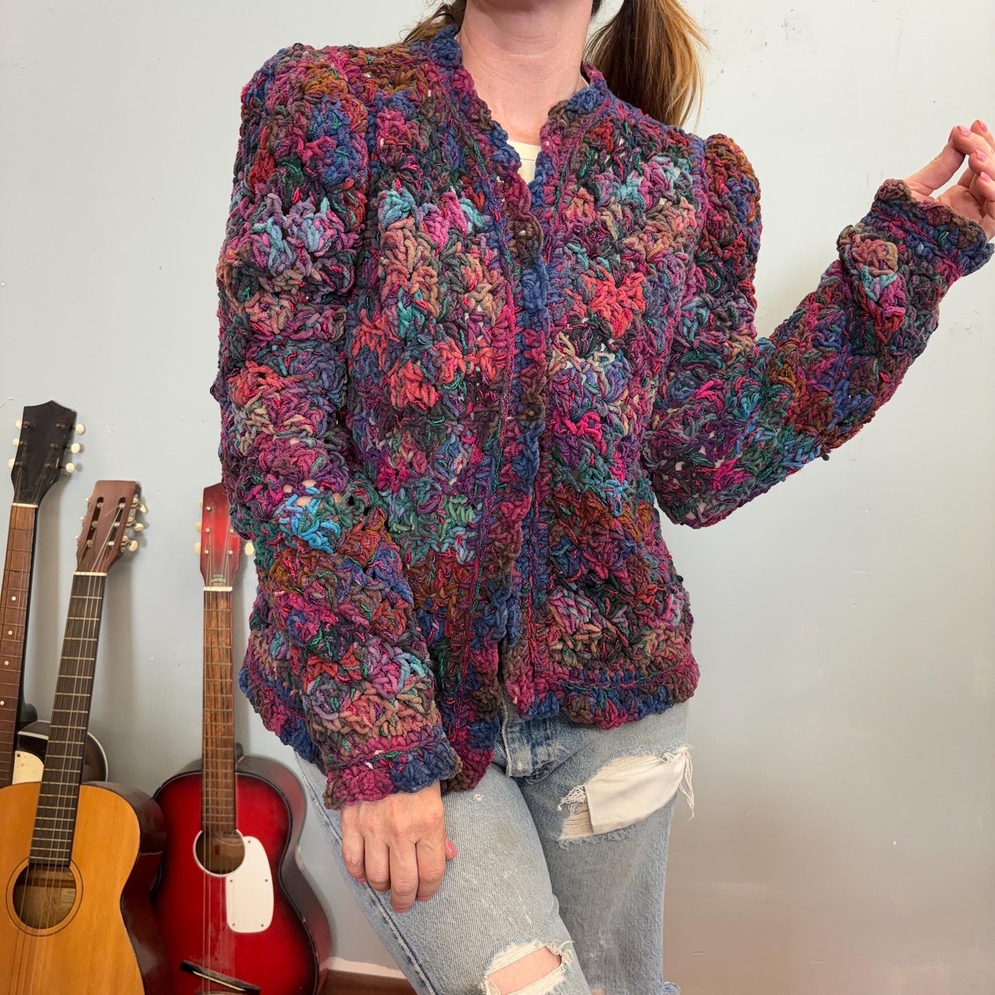 vtg 80s JEWEL TONES SWEATER // vintage estelle 1986 hand woven structured bright purple pink space dye textured cardigan cozy autumn vibes