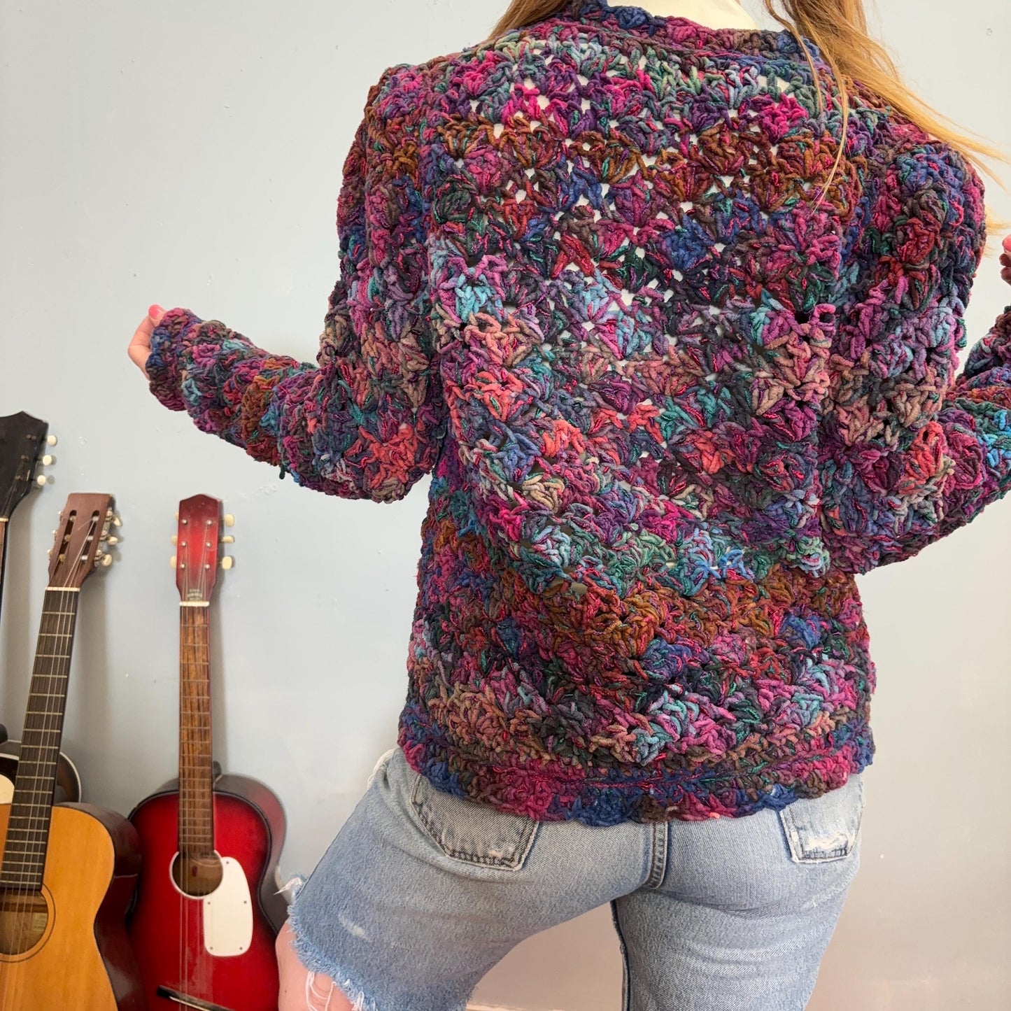 vtg 80s JEWEL TONES SWEATER // vintage estelle 1986 hand woven structured bright purple pink space dye textured cardigan cozy autumn vibes