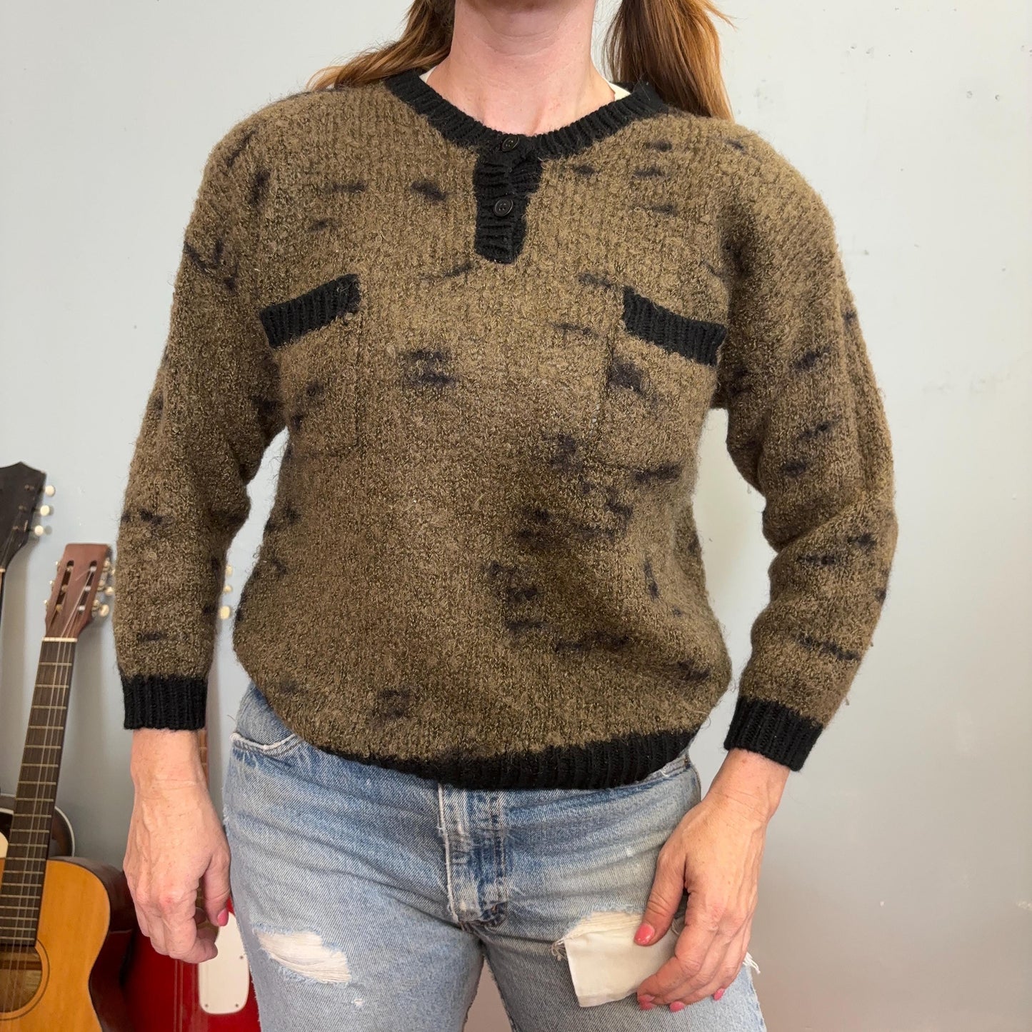 vtg 70s BROWN SPECKLED SWEATER // vintage two tone chocolate chip mohair fuzzy cropped sweater olive green sage brown neutral earth tones