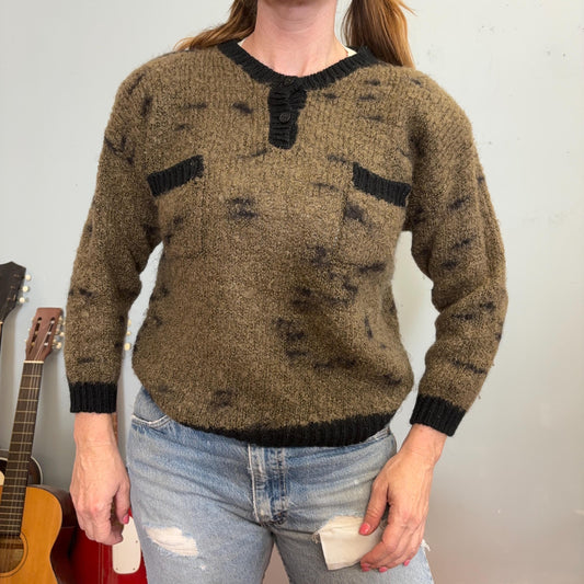 vtg 70s BROWN SPECKLED SWEATER // vintage two tone chocolate chip mohair fuzzy cropped sweater olive green sage brown neutral earth tones