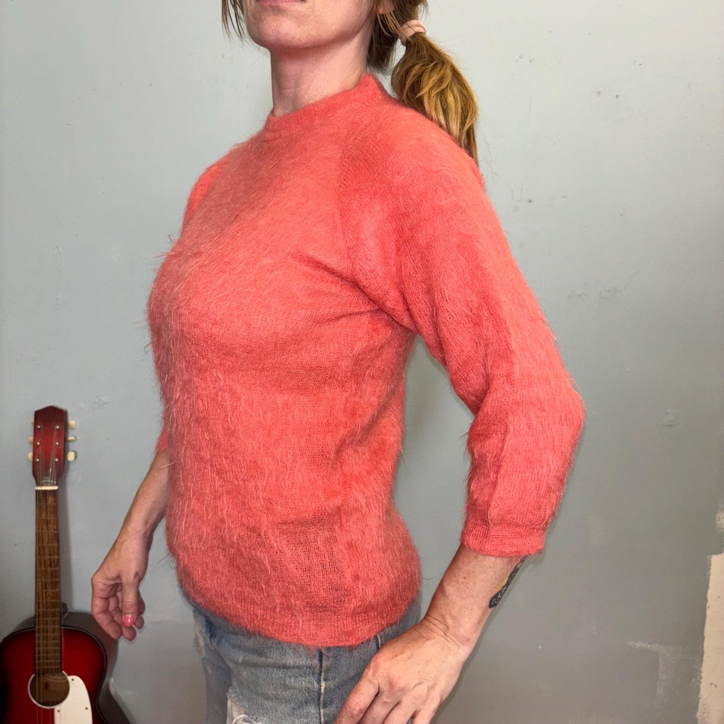 vtg 70s PINK MOHAIR SWEATER // vintage wool cute fuzzy pastel 3/4 sleeve long fit solid cozy retro bright funky eclectic style teacher autum