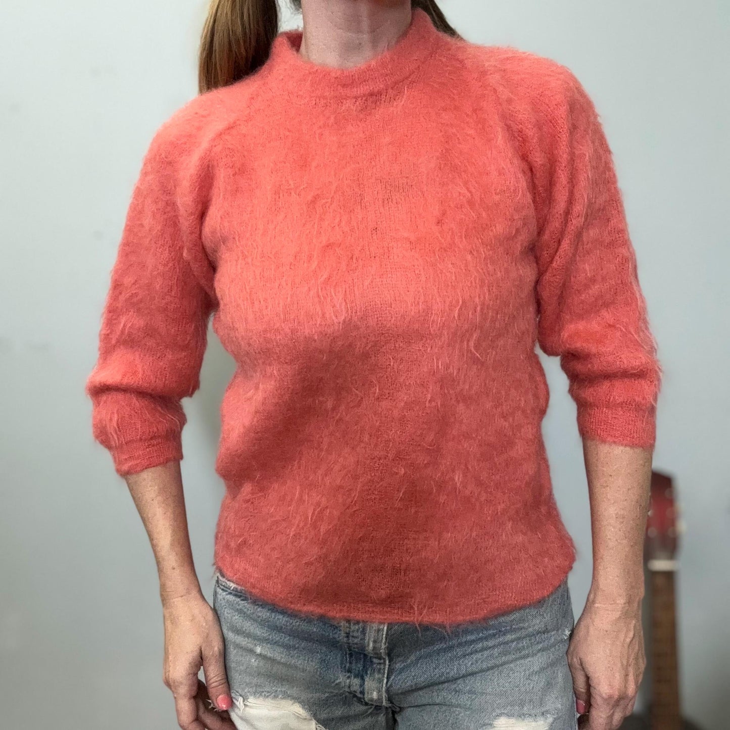 vtg 70s PINK MOHAIR SWEATER // vintage wool cute fuzzy pastel 3/4 sleeve long fit solid cozy retro bright funky eclectic style teacher autum