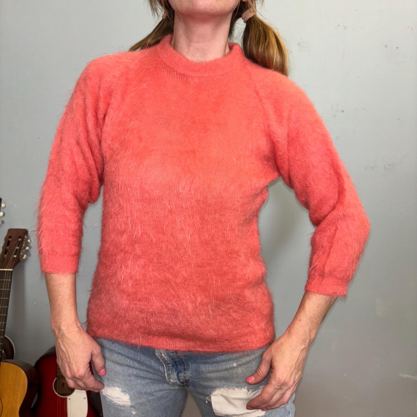 vtg 70s PINK MOHAIR SWEATER // vintage wool cute fuzzy pastel 3/4 sleeve long fit solid cozy retro bright funky eclectic style teacher autum