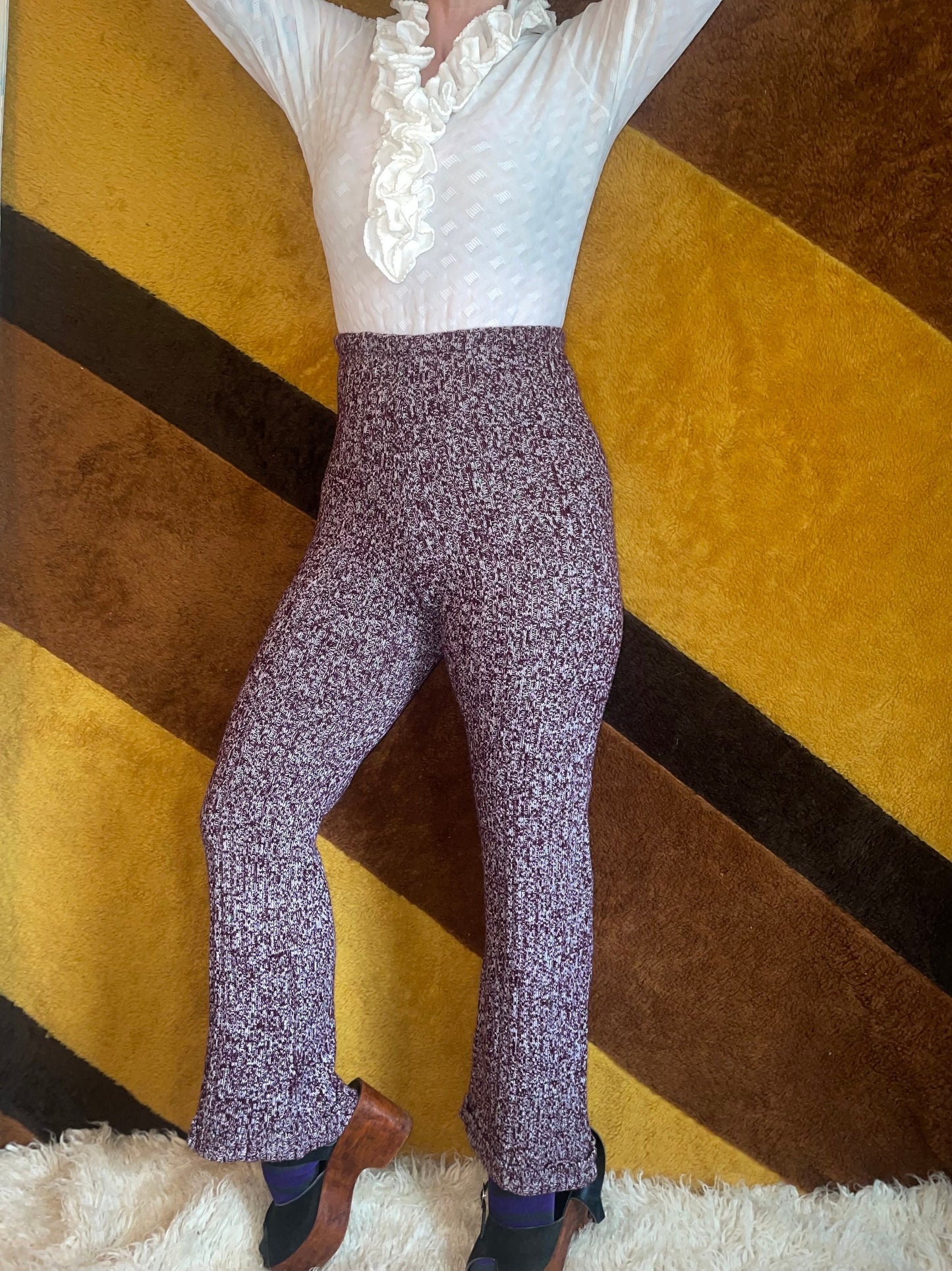 vtg 70s SPACE DYE BELLBOTTOMS // vintage pandora wide leg heathered purple bell bottoms stretchy acrylic high waisted knit sweater pants