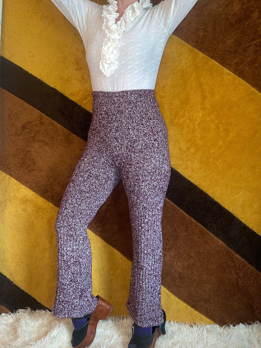 vtg 70s SPACE DYE BELLBOTTOMS // vintage pandora wide leg heathered purple bell bottoms stretchy acrylic high waisted knit sweater pants