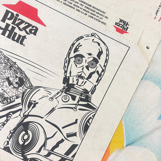 vtg 90s STAR WARS PIZZA box // c-3po vintage movie memorabilia 1997 tricin coloring box stormtrooper special edition