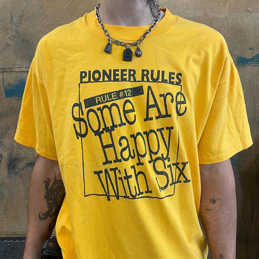 vtg 90s PIONEER RULES tshirt // vintage yellow headphones stereo audio cd dvd record player speakers audiophile electronics oneita tee xl