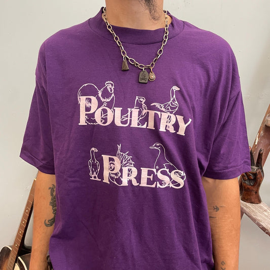 vtg 80s POULTRY PRESS TSHIRT // vintage oversize tee purple spring chicken screen stars newpaper print farm core midwest team sports tee xl
