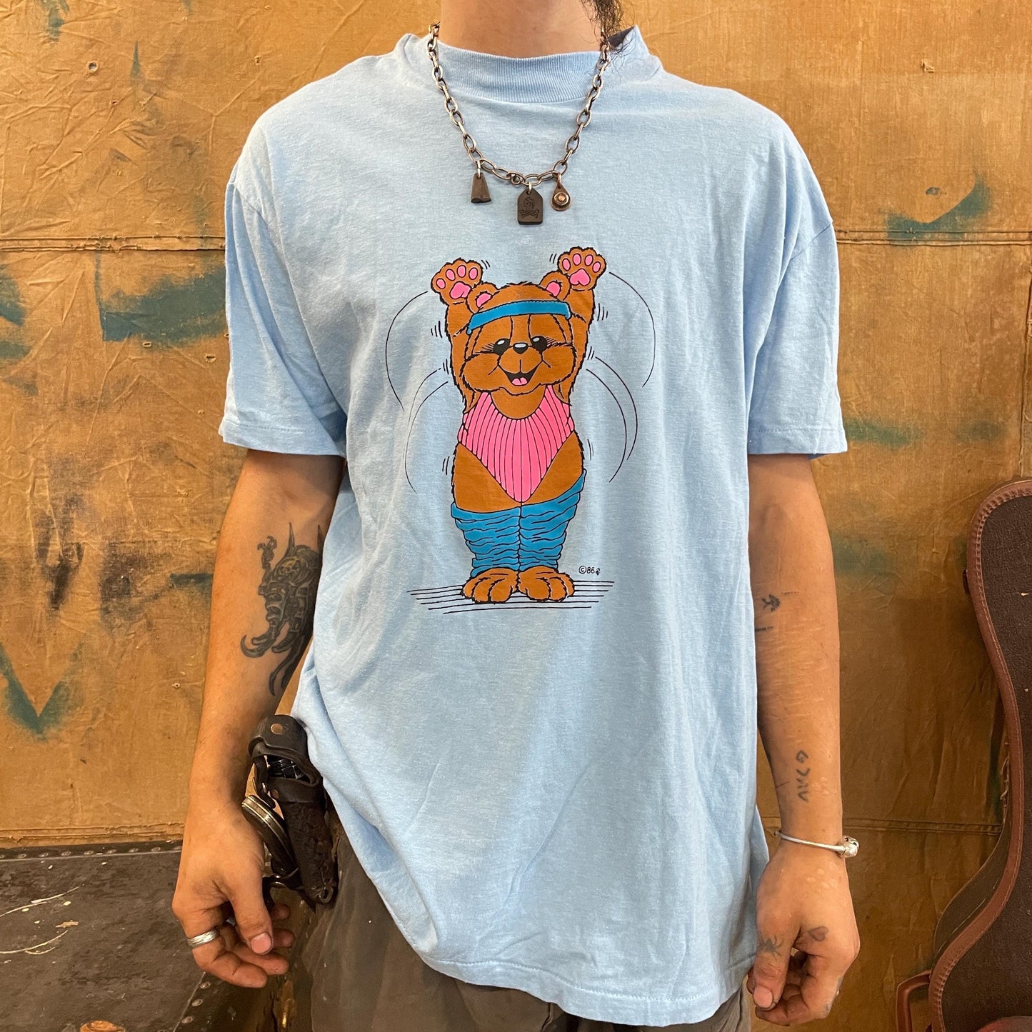 vtg 80s CUTE BEAR TSHIRT // vintage aerobics work out yoga stretch gym track runner light blue animal lover retro style fashion art tee