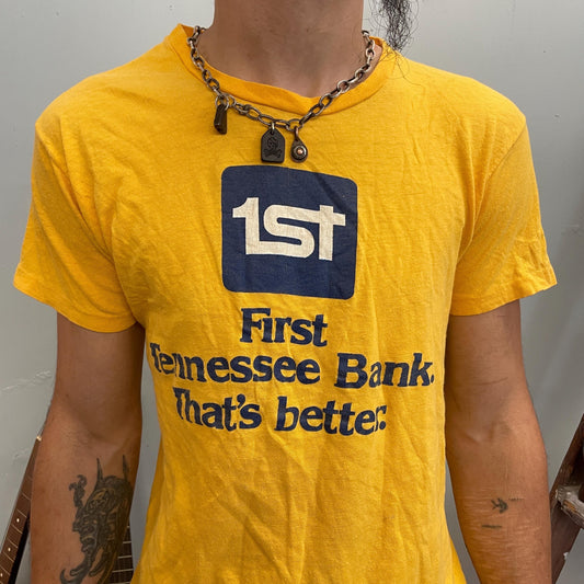 vtg 70s FIRST TENNESSEE BANK tshirt // vintage hanes yellow nashville memphis ozark usa athletic camp tee style fit fashion soft cotton tee