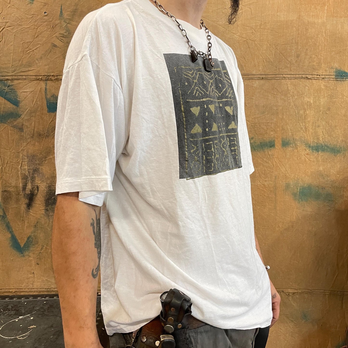 vtg 80s GEOMETRIC PATTERN TSHIRT / vintage ruins ancient tablet egypt art boxy euro stone language egyptian artifact roman art museum tee