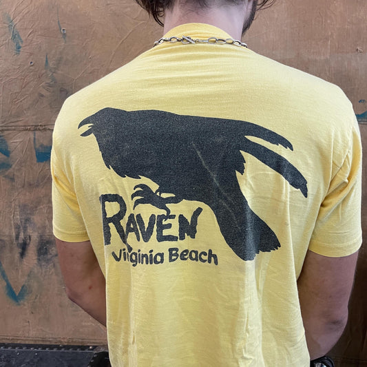 vtg 80s RAVEN POCKET TEE / vintage virginia beach yellow canary bird 70s ocean surf bar pub edgar allen poe tshirt basic retro style fashion