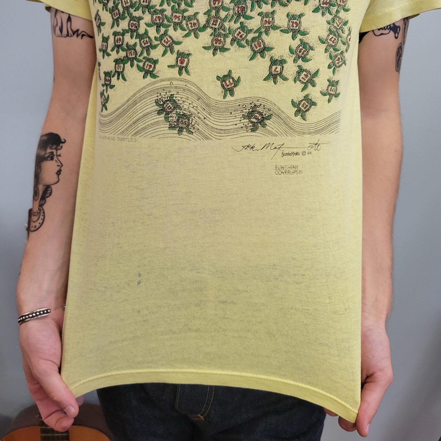 vtg 70s TURTLE TSHIRT // vintage sunshine coverups race track animal yellow canary paper thin 80s sportswear 50/50 style fashion tee